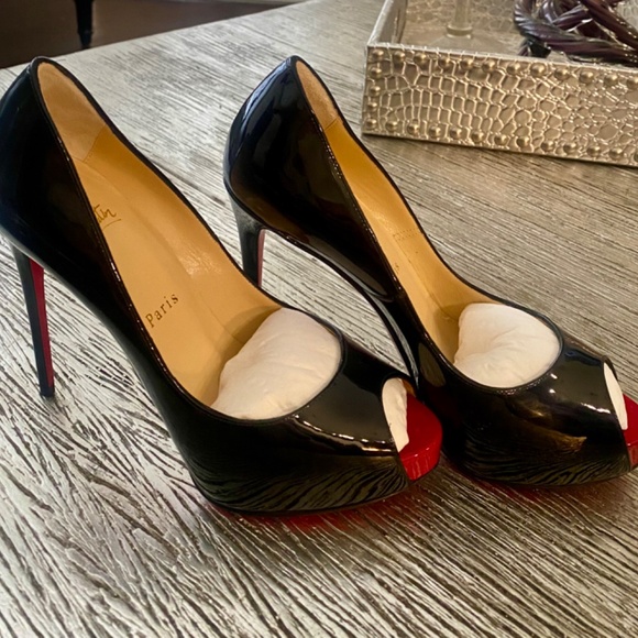 AUTHENTIC CHRISTIAN LOUBOUTIN NEW VERY PRIVE 120 BLACK PATENT HEELS OPEN TOE - Picture 16 of 16